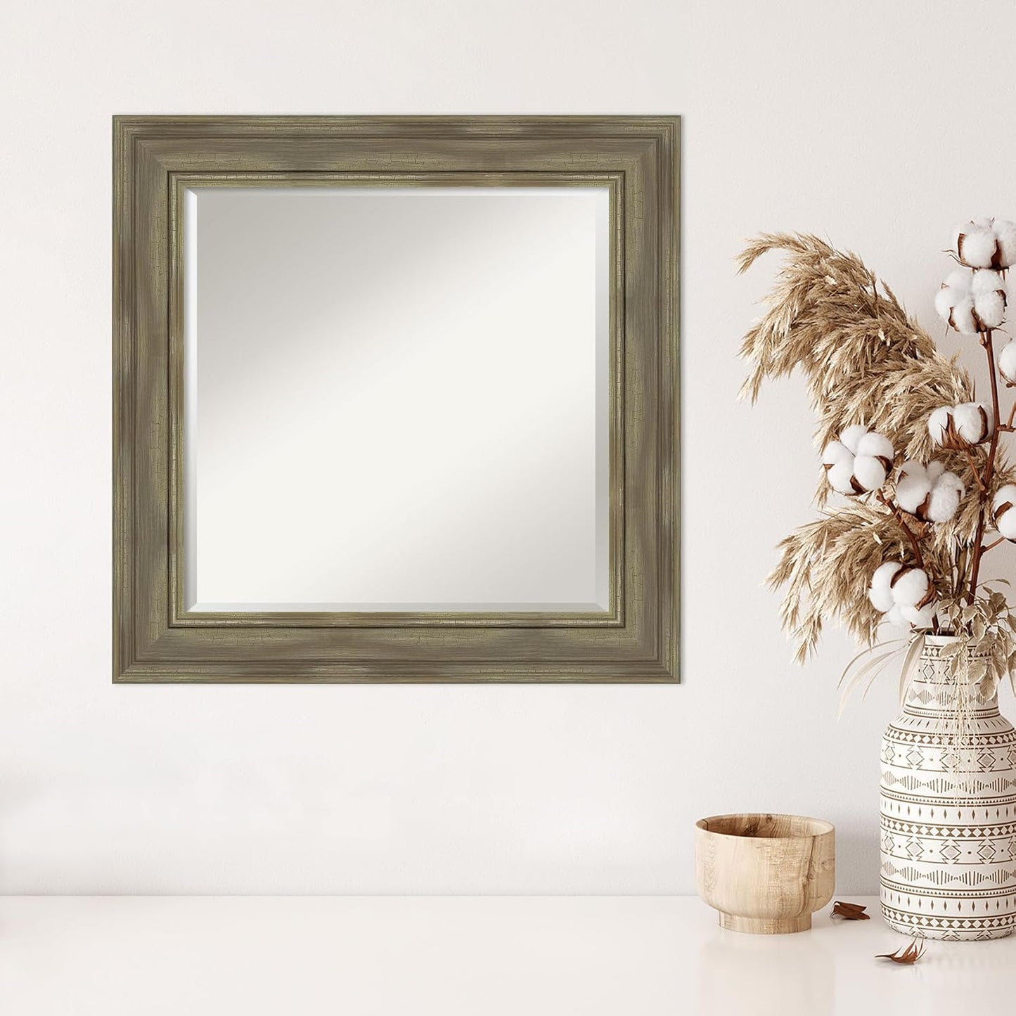 Amanti Art Grey Wall Mirror 26x26 Alexandria Greywash Square Bathroom Mirror for Wall Decor Living Room, Medium Country Rustic Wood Frame, Hangs Horizonally and Vertically, Bathroom Decor, Beveled