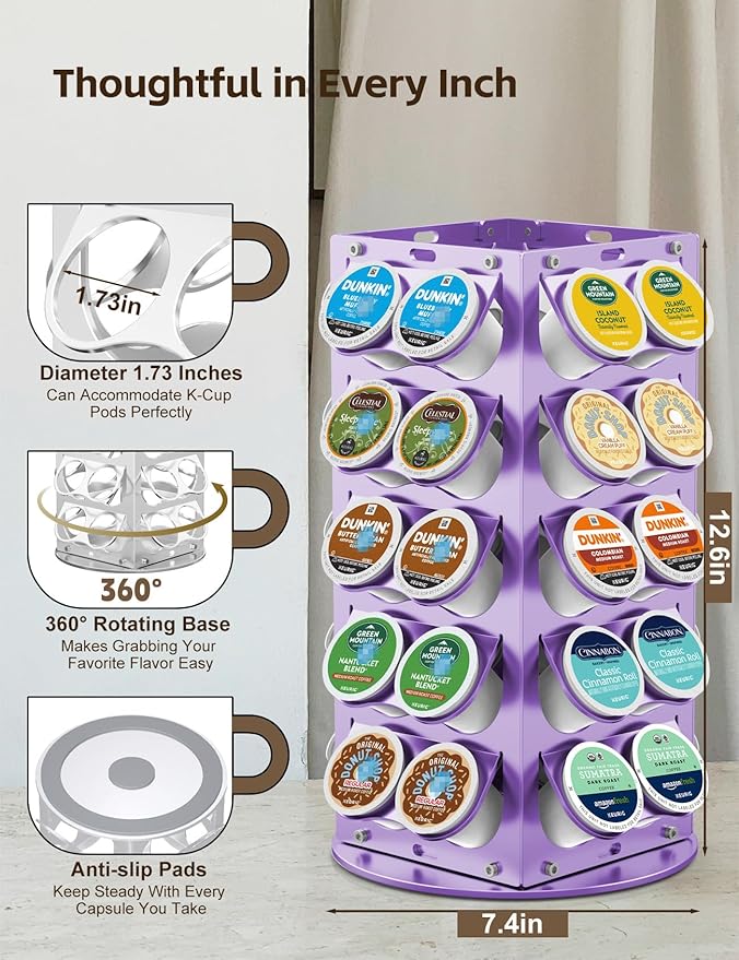 K Cup Holder, Coffee Pod Holder for Keurig – 360° Rotating Aluminum Coffee Organizer for Countertop,Saving Design with Anti-Slip Base for Kitchen or Office,Capacity of 40 Pods (Purple)