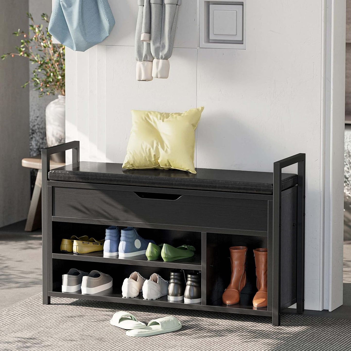 IRONCK Shoe Storage Bench, Entryway Bench with Lift Top Storage Box, Metal and Board Bench for Entryway, Two Tier Shoe Rack Organizer for Entryway, Bedroom, Hallway, Black