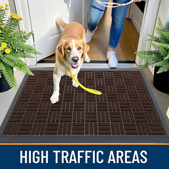 OLANLY Front Door Mat Outside Entrance 35x23, Absorbent, Heavy Duty Sturdy Natural Rubber Doormat Indoor Outdoor, Stain and Fade Resistant, Non-Slip Backing Low Profile Floor Mat for Entryway, Brown
