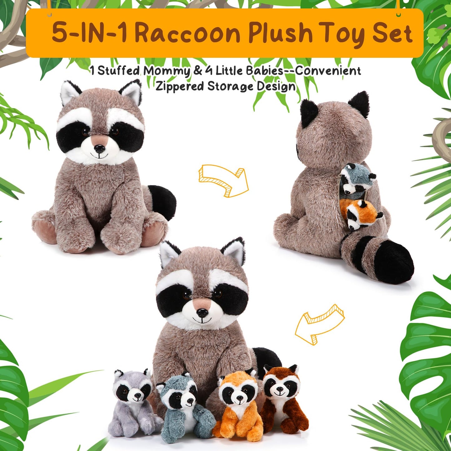 Harrycle 5 Pcs Raccoon Stuffed Animal Set Adorable Mommy Raccoon Plush with 4 Babies in Tummy Soft Cuddly Plushie for Birthday Woodland Party Decor(Cuddly Style)