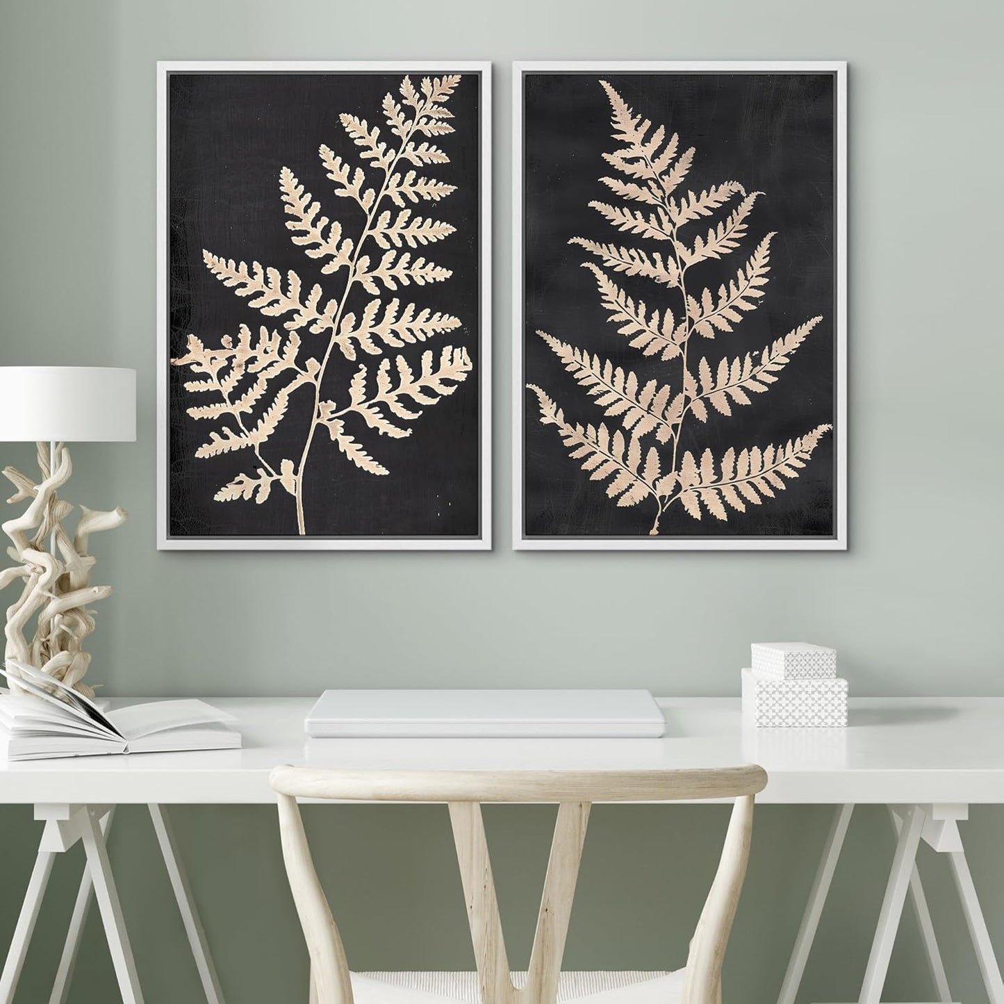 SIGNWIN Framed Canvas Print Wall Art Vintage Fern Leaf Silhouettes Natural Botanical Rustic Illustrations Modern Art Decorative Contemporary for Living Room, Bedroom, Office - 24"x36"x2 White