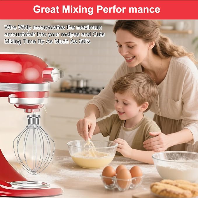 K5A Stainless Steel Whisk for KitchenAid 5Qt Bowl Lift Stand Mixer, 6 Wire Whip Attachment for K4 K5 K5SS, KSM5, KG25, KP50, KSM6573, KSM6521,18/8 Stainless Steel, Heavy Duty, Dishwasher Safe