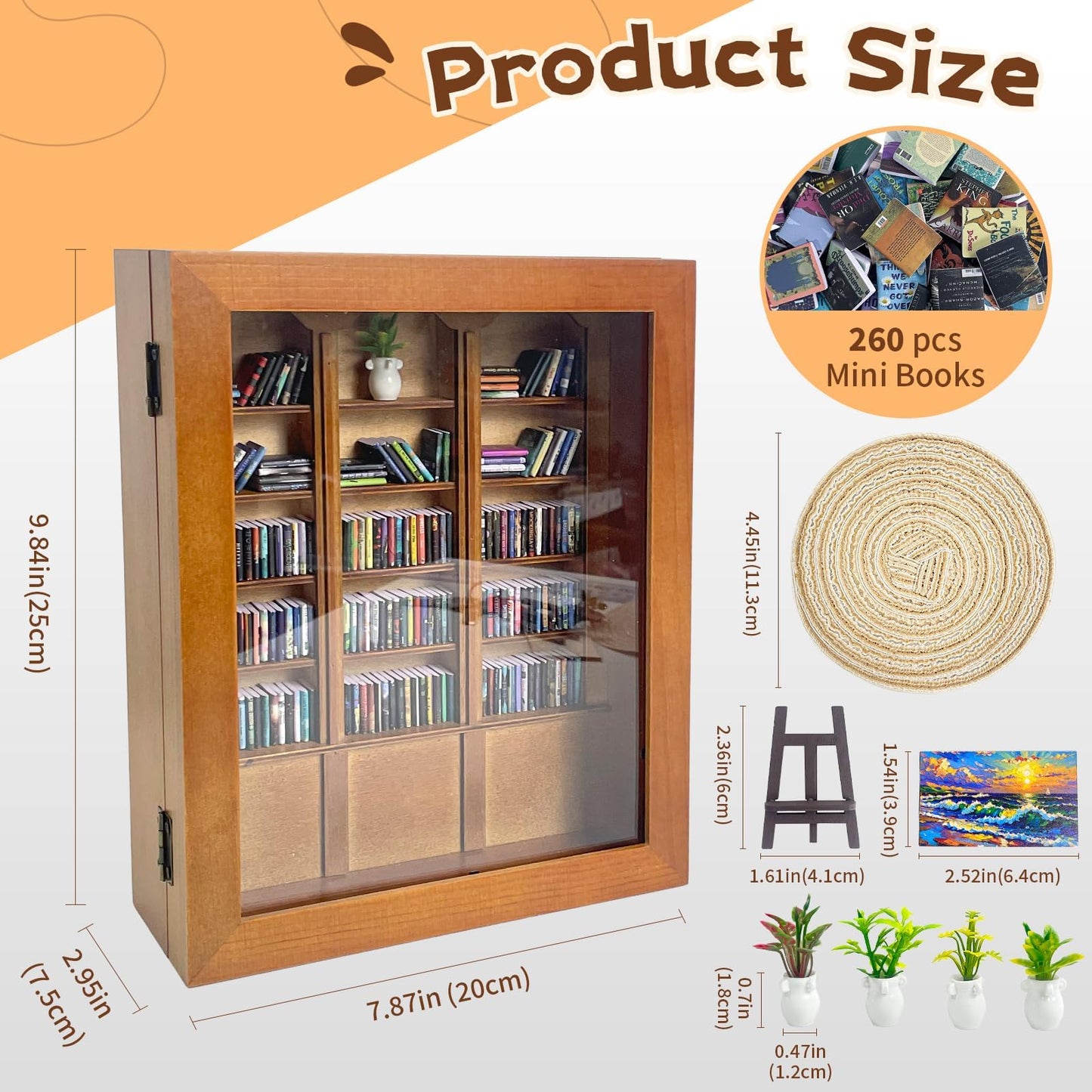 KALOPEZY Mini Bookshelf for Desk with 260 Tiny Books, DIY Anxiety Relief Wooden Book Nook Kit with Side Door, Acrylic Display Case with Easel Plant Rug, Stress Relief Decor Gift for Book Lovers Women
