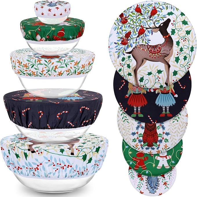 5-Size Beeswax Bowl Covers for Bread Proofing, Reusable Cotton Cloth Bowl Covers, Flexible Beeswax Wraps for Food Storage Christmas Holiday Kitchen Decor(Elk)