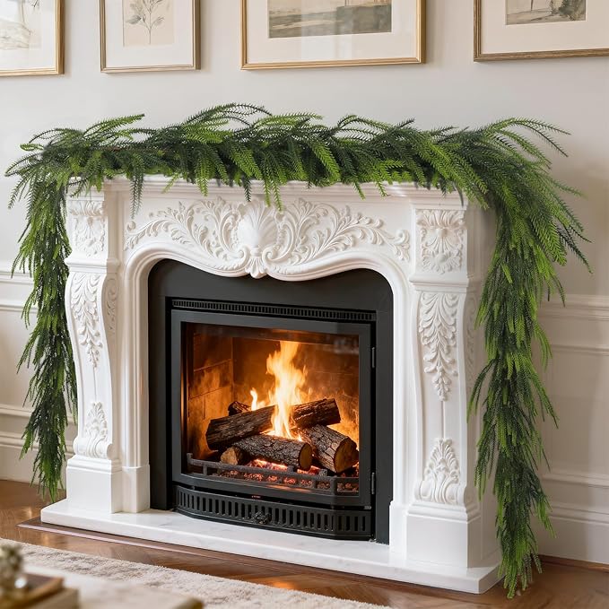 2 Pcs 9 Ft Norfolk Pine Garlands, Artificial Real Touch Winter Christmas Green Greenery Garlands for Mantle, Fireplace, Table, Wall, Outdoor, Indoor Christmas Decorations (9 FT, 2)
