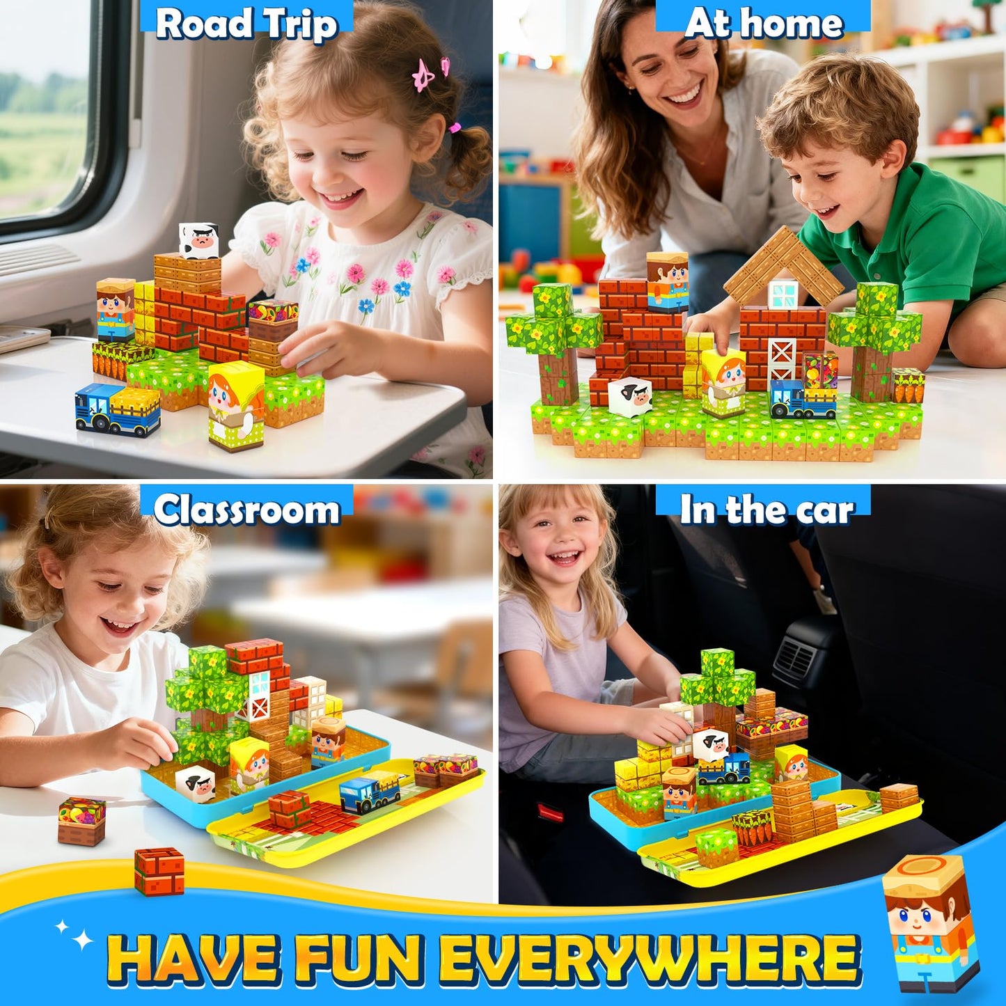 Soyee Magnetic Blocks Travel Toddler Toys Magnet Building Tiles Construction Cubes STEM Sensory Learning Farm Toys with Box Christmas Birthday Gifts for Kids Ages 3 4 5 6 7 8 Year Old Boys Girls