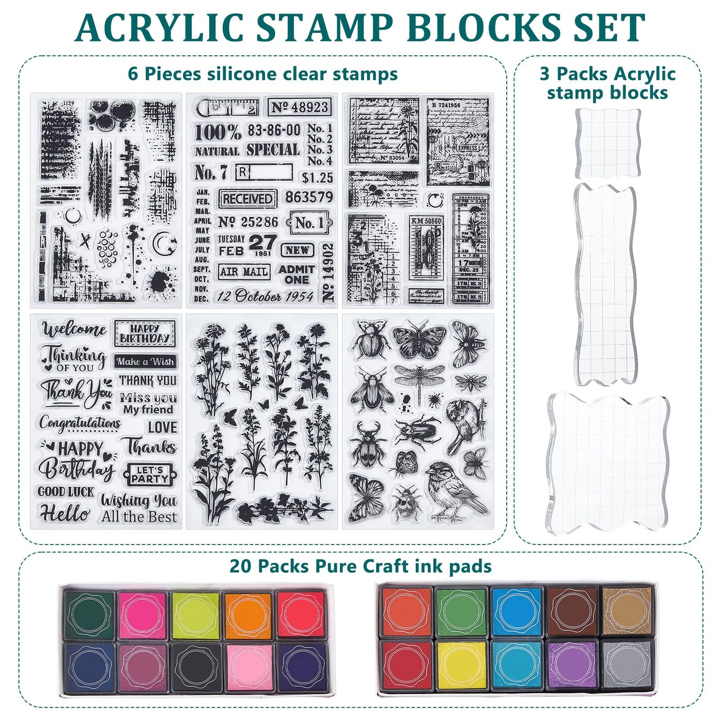 GLASSWINDS 29 Pcs Acrylic Stamps for Crafting Card Making Supplies Set Include 3 Acrylic Clear Stamp Blocks, 6 Clear Silicone Stamps Seals, 20 Craft Ink Pads Stamp for DIY Scrapbooking Journal