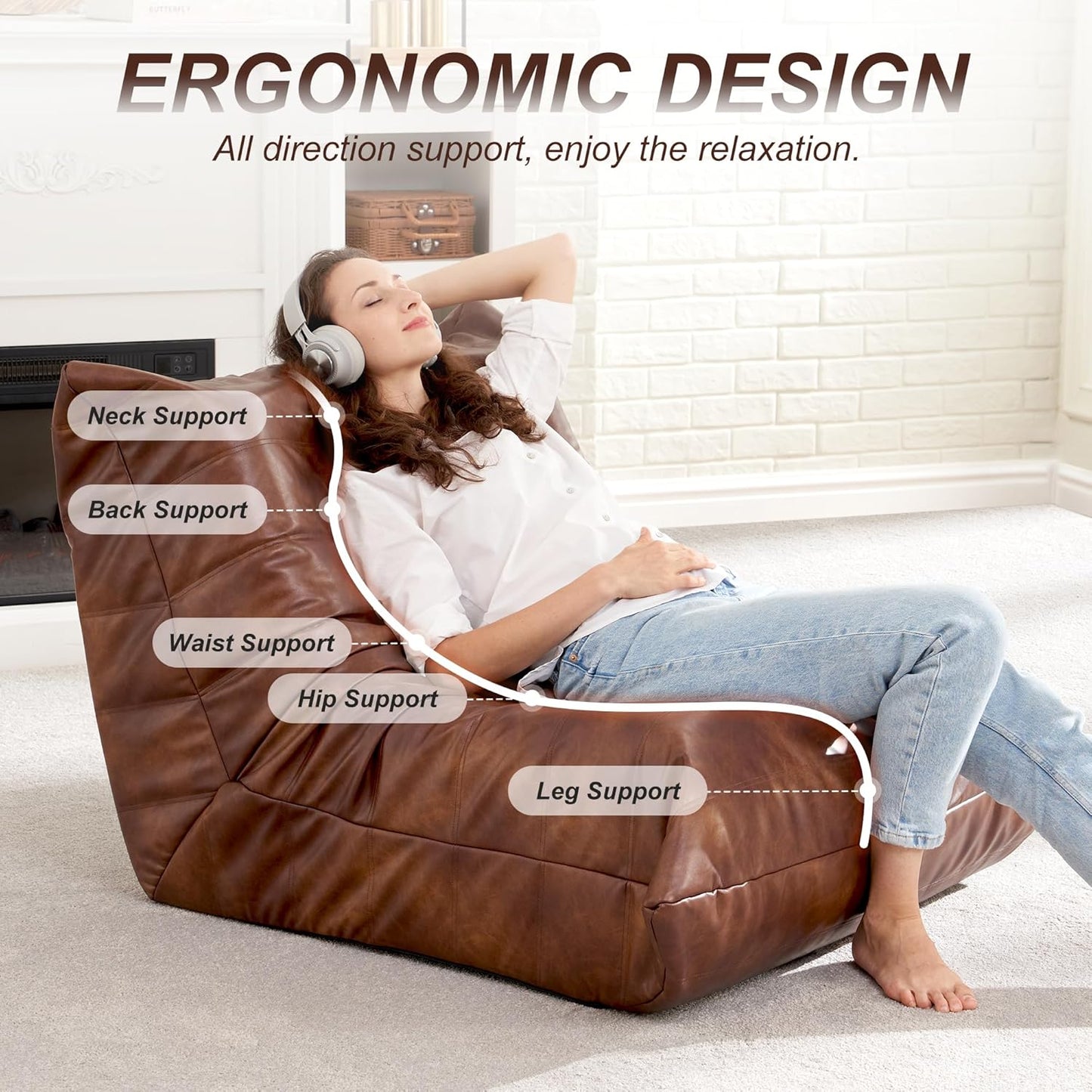 Hobestluk Giant Bean Bag Chair Lazy Floor Sofa, Memory Foam Fireside Sofa for Adults, Big Beanbag Faux Leather Armless Chair for Living Room Bedroom Dorm Office (Brown, Single)