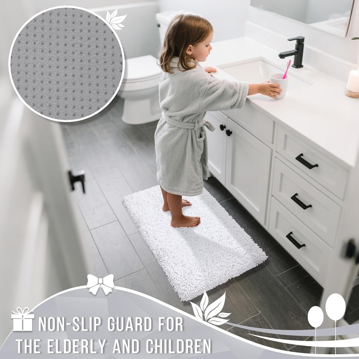 Yimobra Chenille Bathroom Rugs Non Slip, Extra Thick Soft Absorbent Bath Rug, Machine Washable Quick Dry Bath Mat for Bathroom Floor, Tub and Shower, Home Decor Accessories, 24x17, White