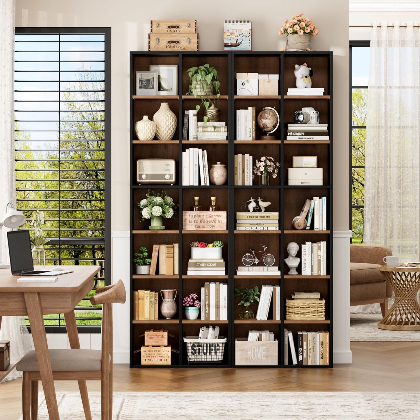 FOTOSOK 71'' Tall Bookshelf, Double Wide Media Tower Rack CD DVD Rack Display Cabinet with Adjustable Shelves, Tall Narrow Bookcase Bookshelf for Home Office, Black/Brown