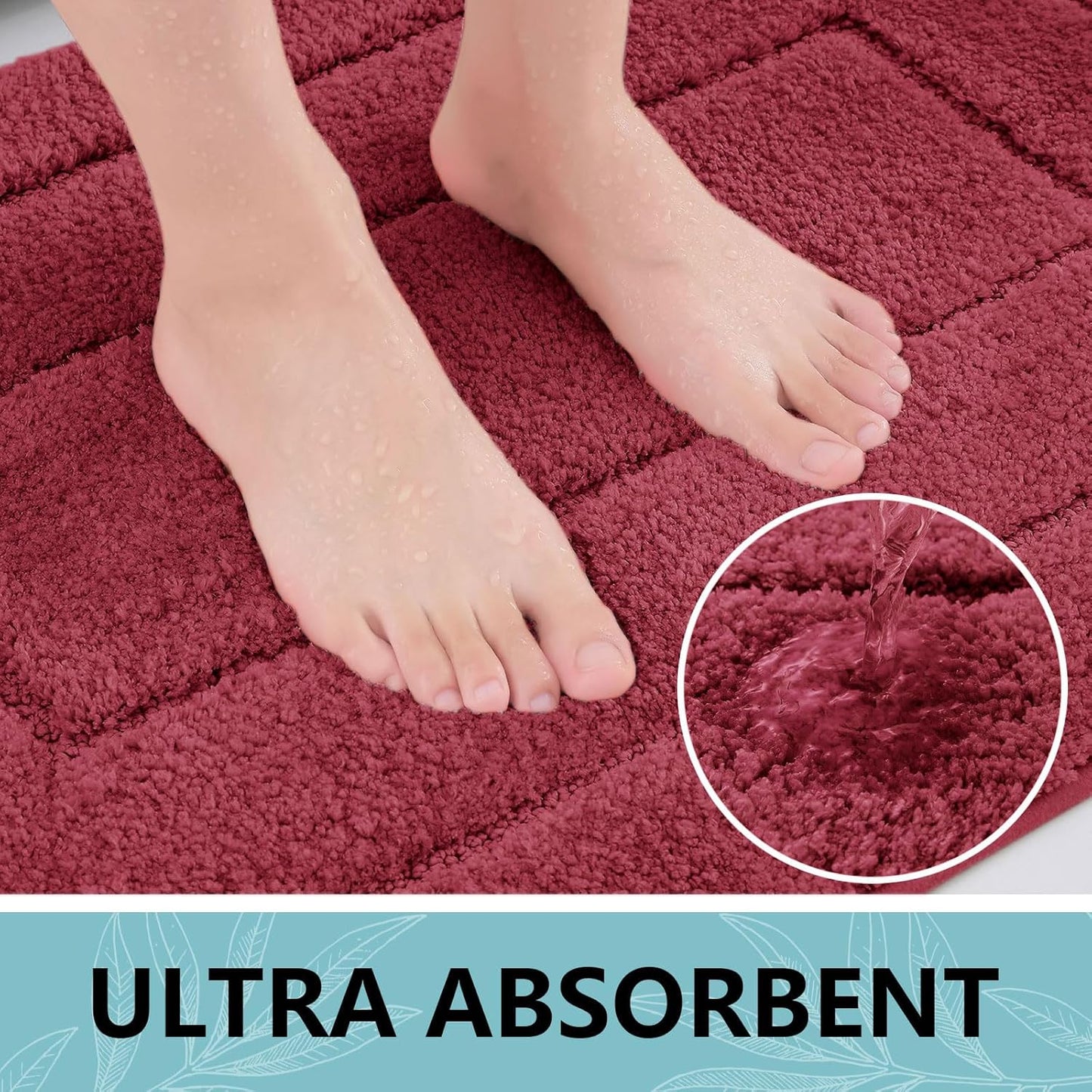 Buganda Bathroom Rugs, 47" x 24", Soft and Absorbent Microfiber Bath Rugs, Non-Slip Shaggy Shower Carpet, Machine Wash Dry Bath Mats for Bathroom Floor, Tub and Shower, Burgundy