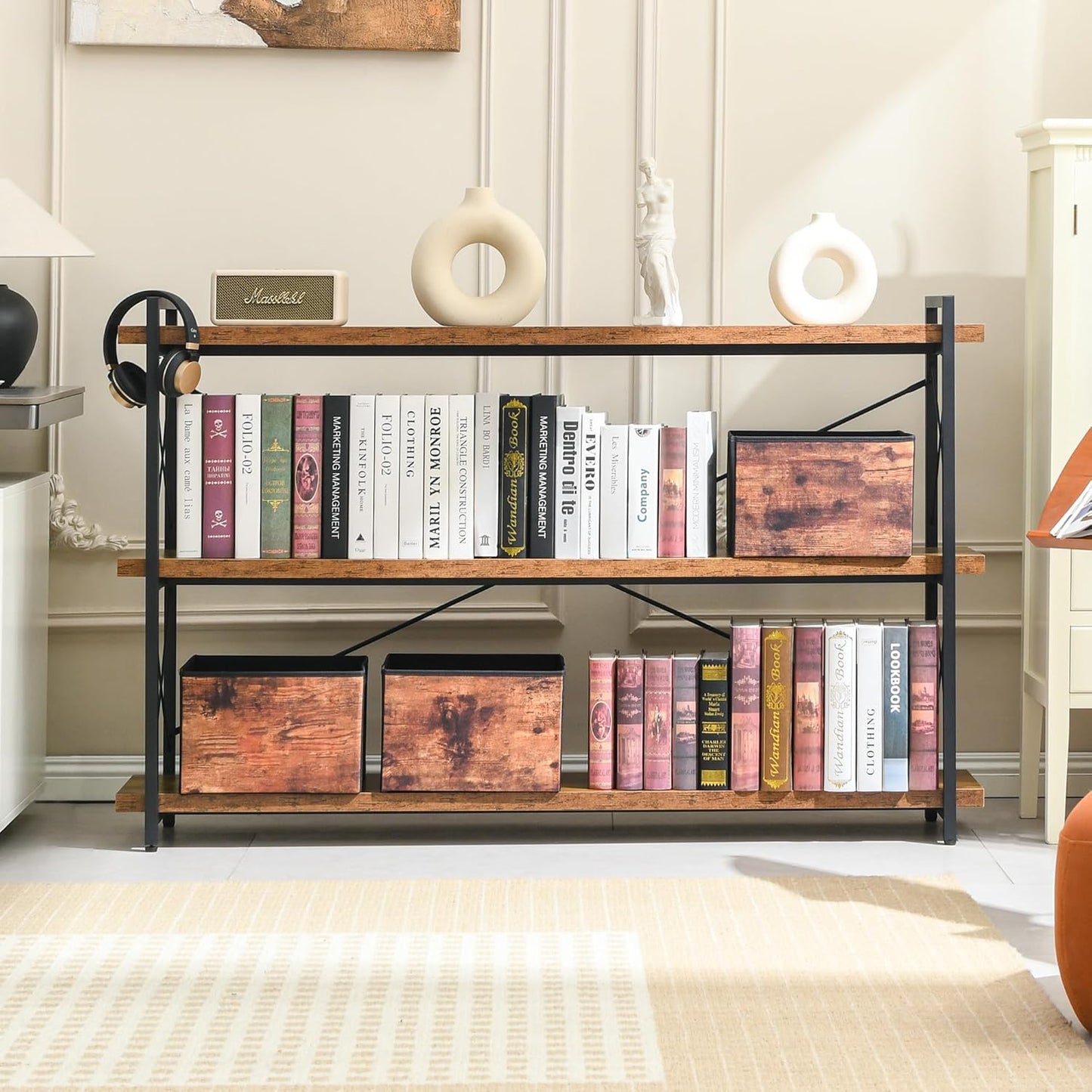 HCHQHS Bookshelf, 3-Tier Long Industrial Bookcase, Rustic Open Book Shelf, Freestanding Horizontal Bookshelves with Metal Frame