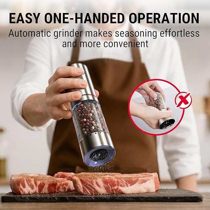 ThermoPro 100ml Electric Salt and Pepper Grinder Set Rechargeable, Automatic Pepper Grinder Shakers with External Adjustment, Refillable Pepper Mill Set with Dust Cover & LED, Stainless Steel 2-Pack
