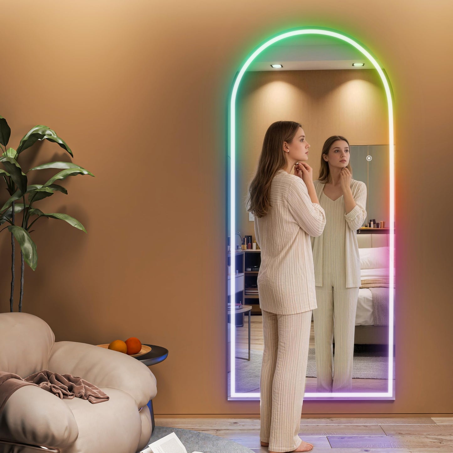 Hasipu Arch Full Length Mirror 75 x 28 in with Stand — Arch LED RGB Full Body Mirror, 7 Lighting Modes, Dimmable, Built‑in Bluetooth Speaker, White Frame for Bedroom Dressing Room