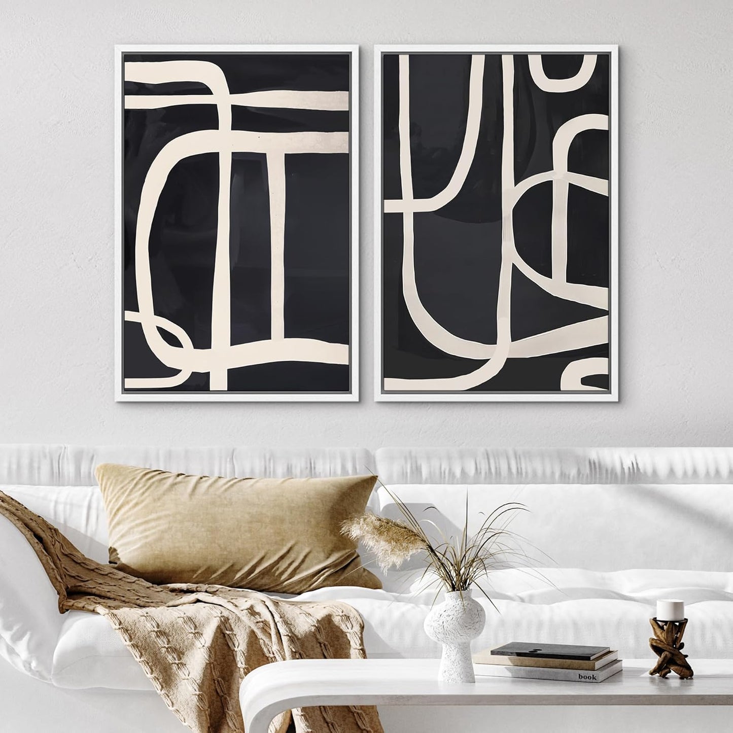 SIGNWIN Framed Canvas Print Wall Art Modern Graphic Black and White Curved Line Patterns Illustrations Modern Art Decorative Contemporary for Living Room, Bedroom, Office - 24"x36"x2 White