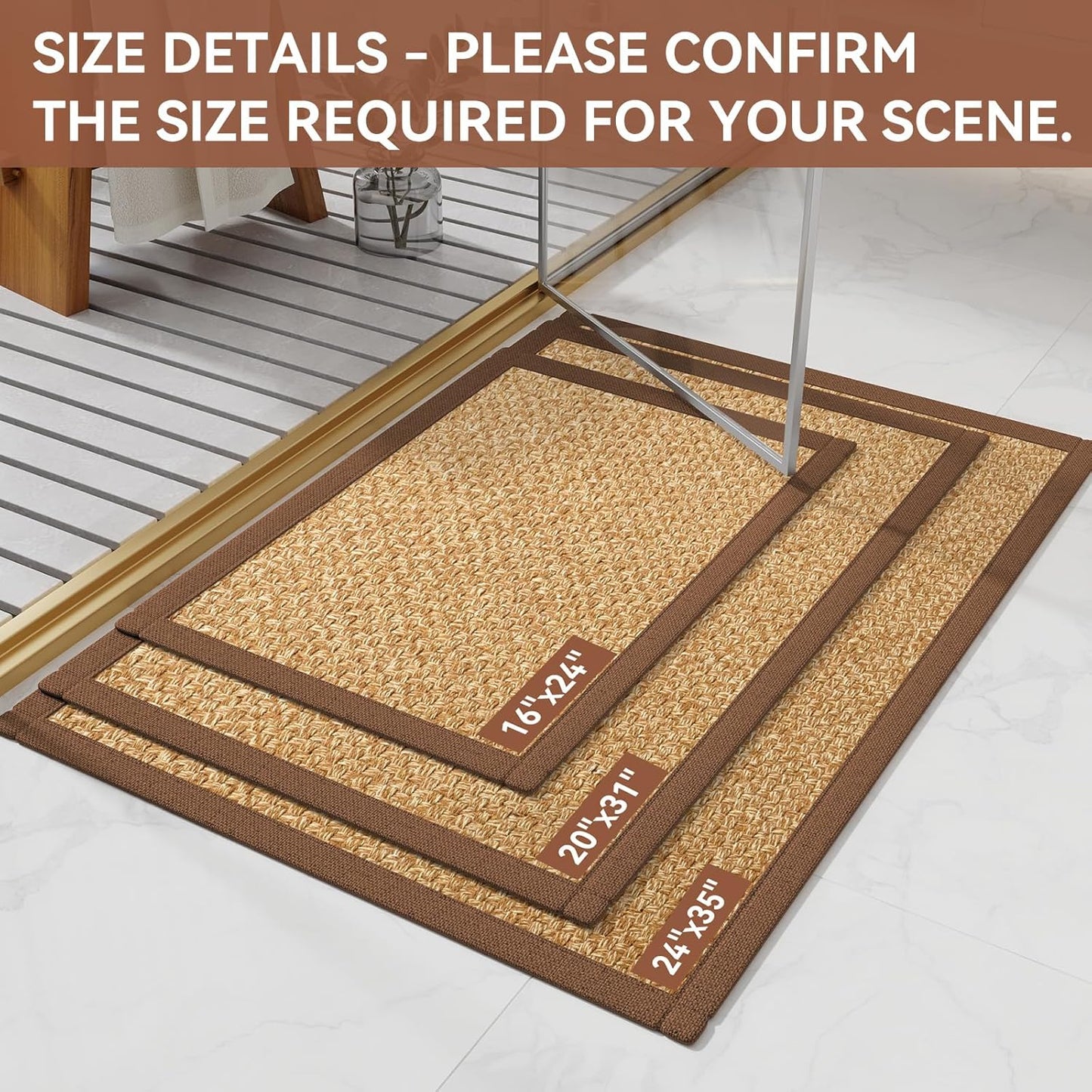 Non Slip Bath Mat Bathroom Rugs, Soft Jute-Like Ultra Thin Bath Mats, Rubber Backing Super Absorbent Quick Dry Bath Rug Shower Mat Fit Under Door Bathroom Floor, Machine Washable, Brown 24"x36"