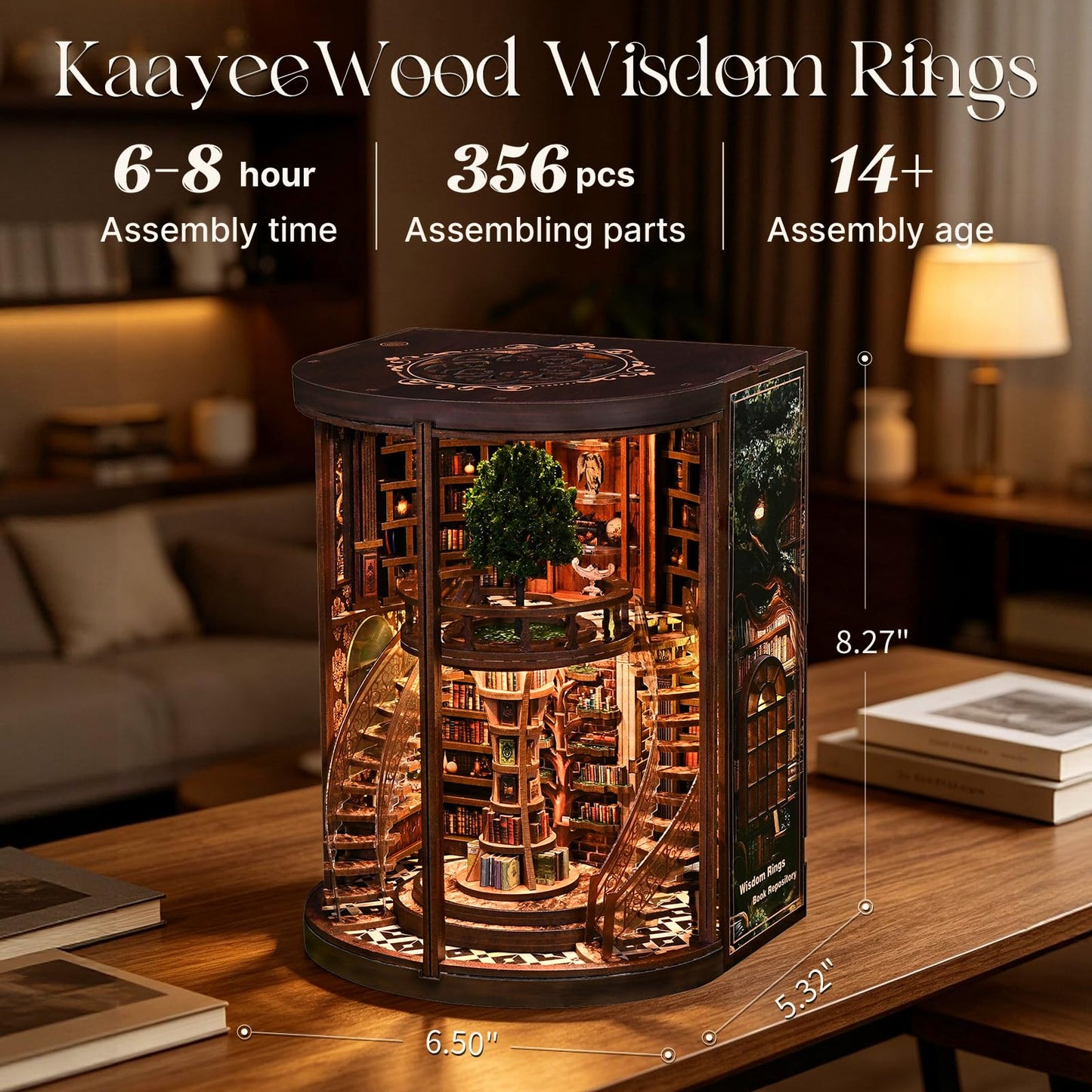 Kaayeewood Book Nook Kit, 3D Wooden Puzzles for Adults, DIY Miniature House Kit for Adults, Booknook with LED Light, Gifts for Family, Friends and Book Lovers, Bookshelf Decor(Wisdom Rings)