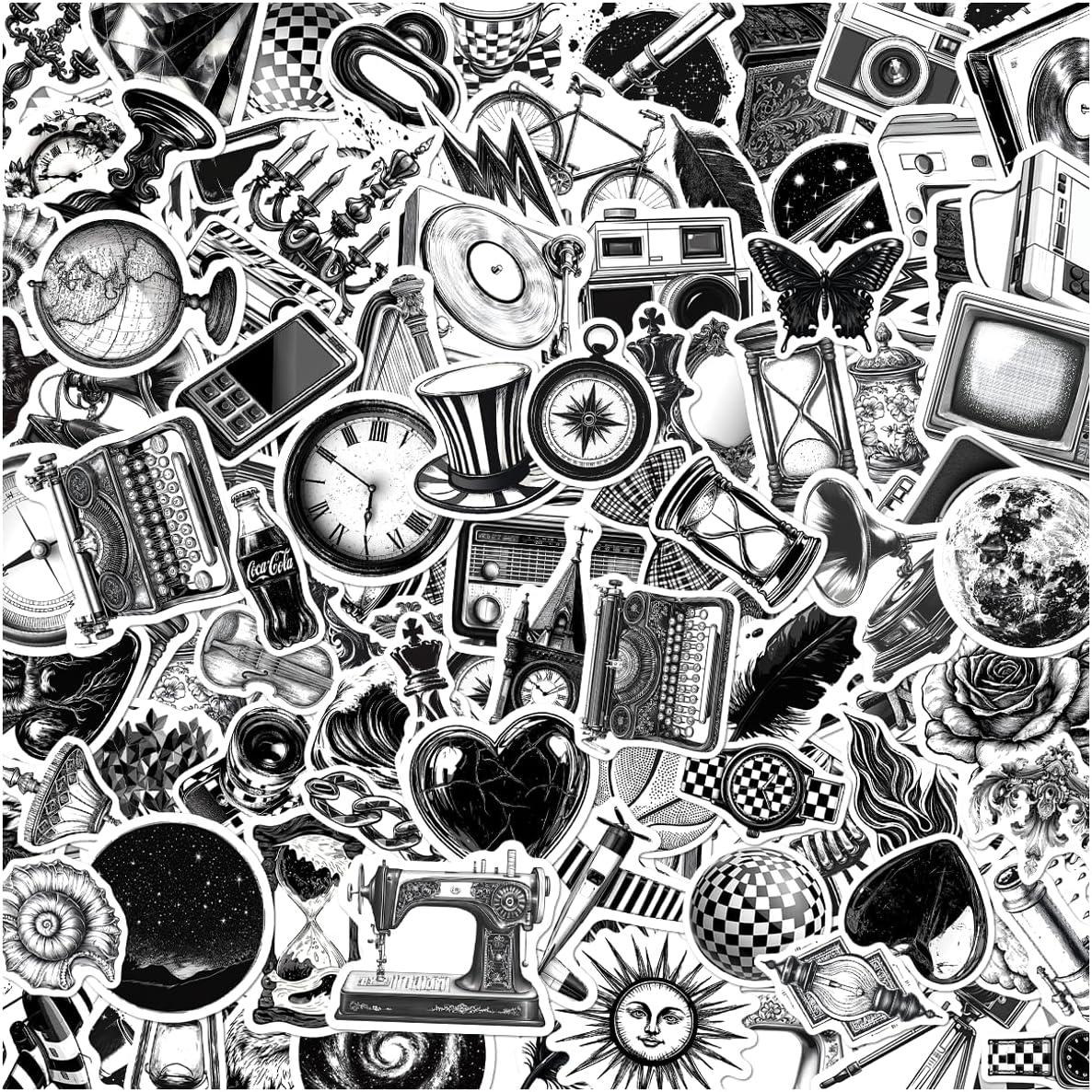 Vintage Science and Curiosity Stickers Pack 108Pcs Black White Retro Vinyl for Journals Laptops Scrapbooking DIY Crafts Students Thinkers Laptop Bike Wall