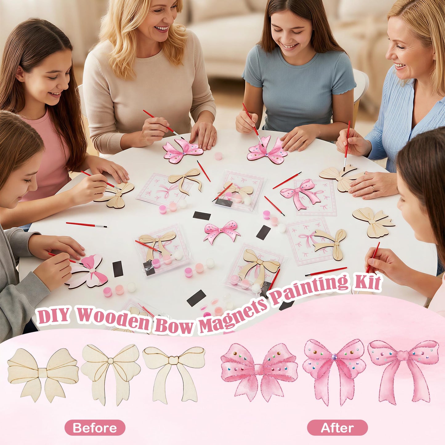 Bafeil 24 Sets Pink Bow Party Favors, DIY Wooden Bows Painting Crafts Kit with Magnets, Coquette Bow Birthday Decorations, Pink Bows Birthday Party Supplies Gifts Goodie Bags Stuffers Prizes