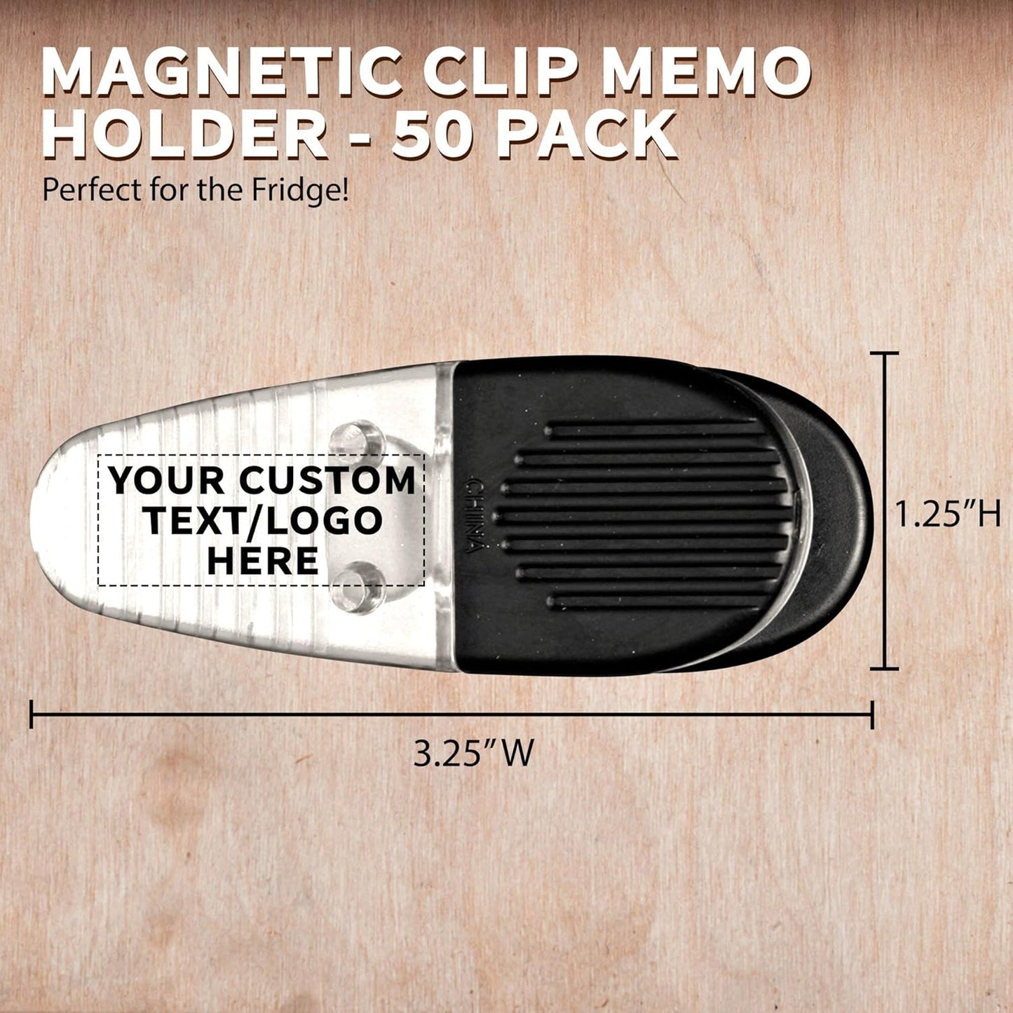 50 Magnetic Memo Holders Set - Customizable Text, Logo - Large Clip, Plastic - Clear