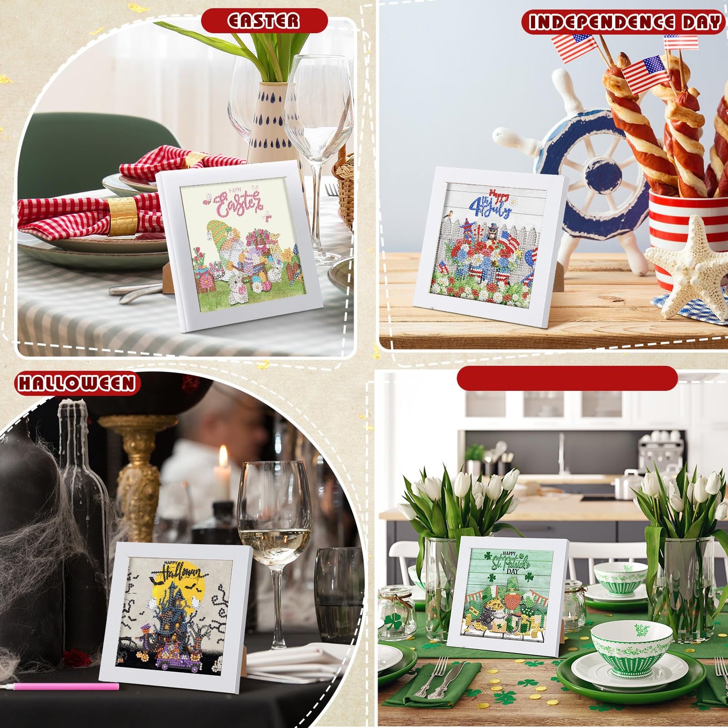 Trandraft 13 Pcs Interchangeable Seasonal Diamond Art Kits for Adults 250th Anniversary Favor 5d Small Diamond Art Kits Framed Gem Painting for Summer Holiday Table Decor DIY Craft 4th of July Gift