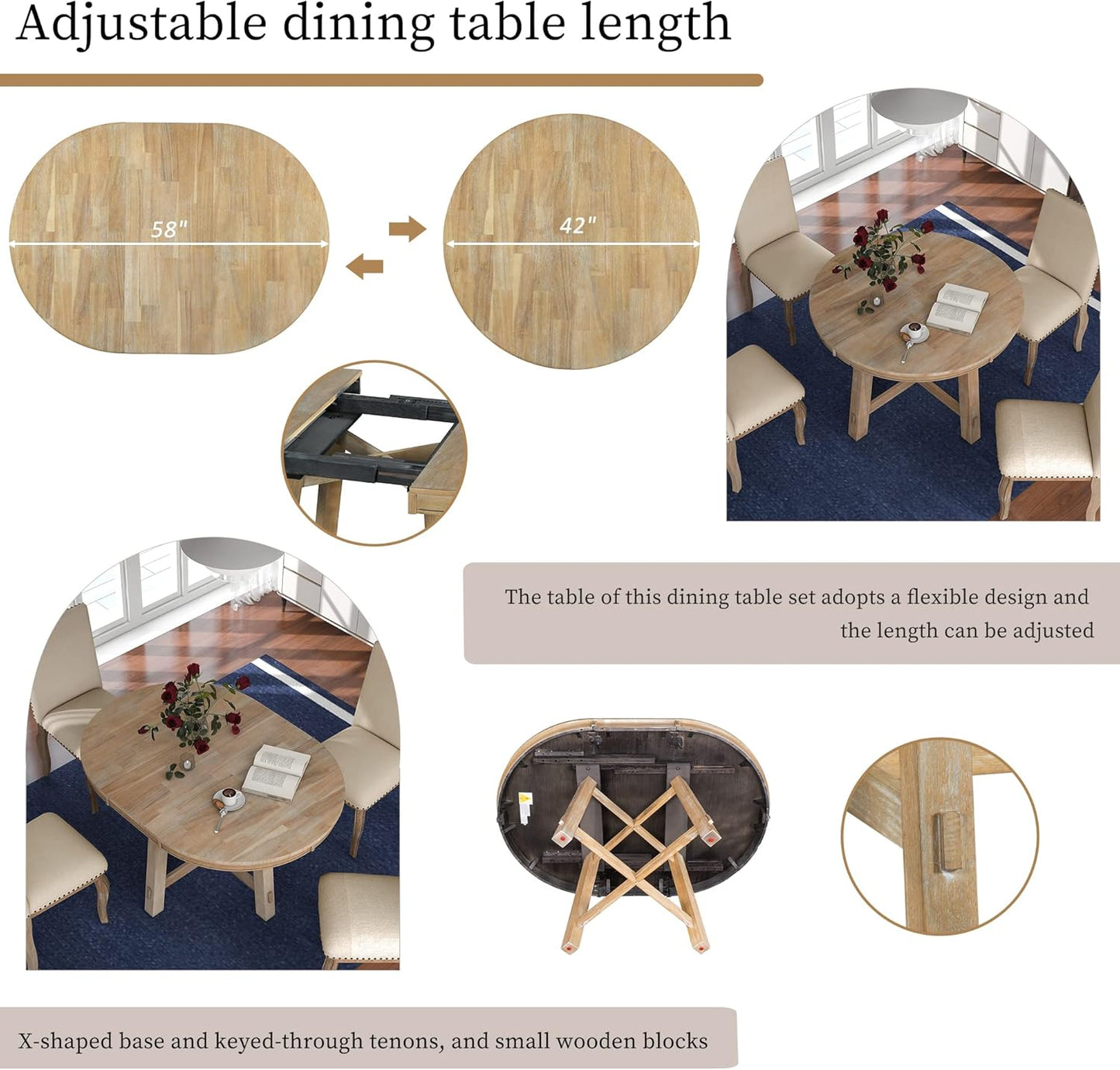 Merax 5-Piece Farmhouse Dining Furniture Set, Wooden Round Extendable Table, and 4 Upholstered Chairs, Natural Wood Wash