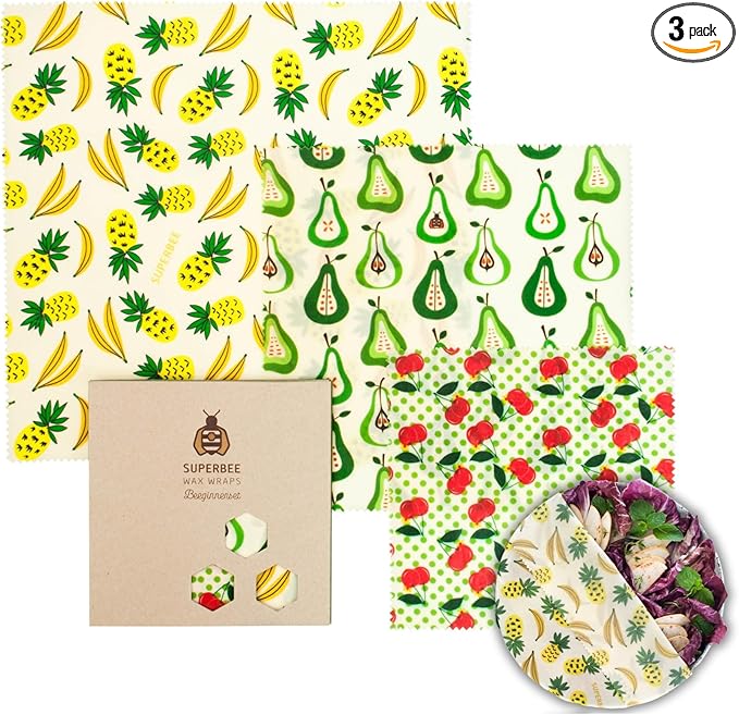 SUPERBEE Beeswax Wrap for Food, Set of 3 Bees Wax Wraps, Reusable Bees Paper for Wrapping Vegetables, Cheese, Bowl Covers and Sandwich Wrapping Paper, Beeswax Food Wraps (Fruit Punch)