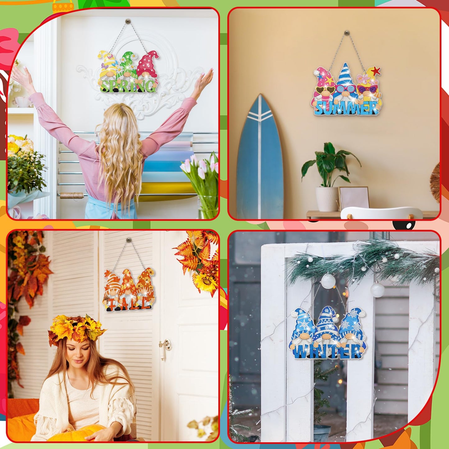 GlikCeil Gnomes 12 Pcs Seasonal Diamond Art Hanging Ornaments 5d DIY Diamond Painting Wreath Kits for Wall Door Decor Holiday Year-Round Seasonal Signs for Home Decoration