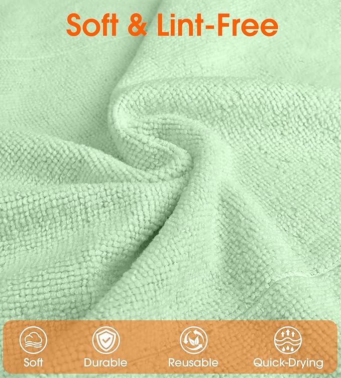 Microfiber Cleaning Cloth Roll–100 Pack, Tear Away Microfiber Towels, Reusable, Washable, Scratch-Free, Kitchen Towels for Car, Home, Kitchen, Glass, Dishes(Bean Green)