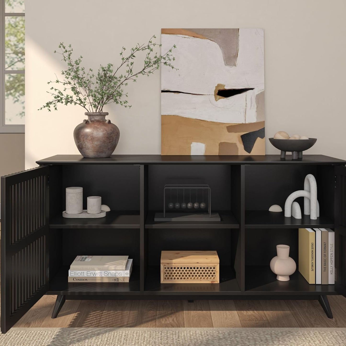 Plank+Beam Mid-Century Modern Wood TV Stand, Solid Wood Entertainment Console with Storage, 59" L x 16" W x 30" H, Black