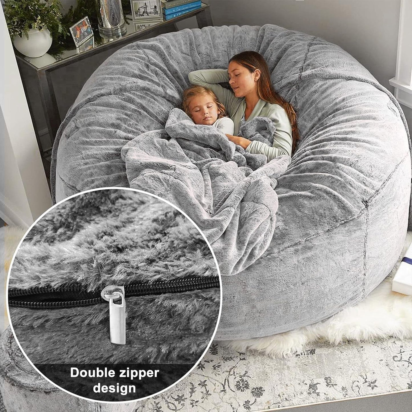 BCU Bean Bag Cover Comfy Beanbag Chair for Adults Without Filler Faux Fur Lazy Sofa Cover for Living Room Chairs, Grey, 3.5FT