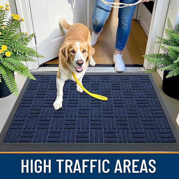 OLANLY Front Door Mat Outside Entrance 47x32, Absorbent, Heavy Duty Sturdy Natural Rubber Doormat Indoor Outdoor, Non-Slip, Stain and Fade Resistant, Low Profile Floor Mat for Entryway, Navy Blue