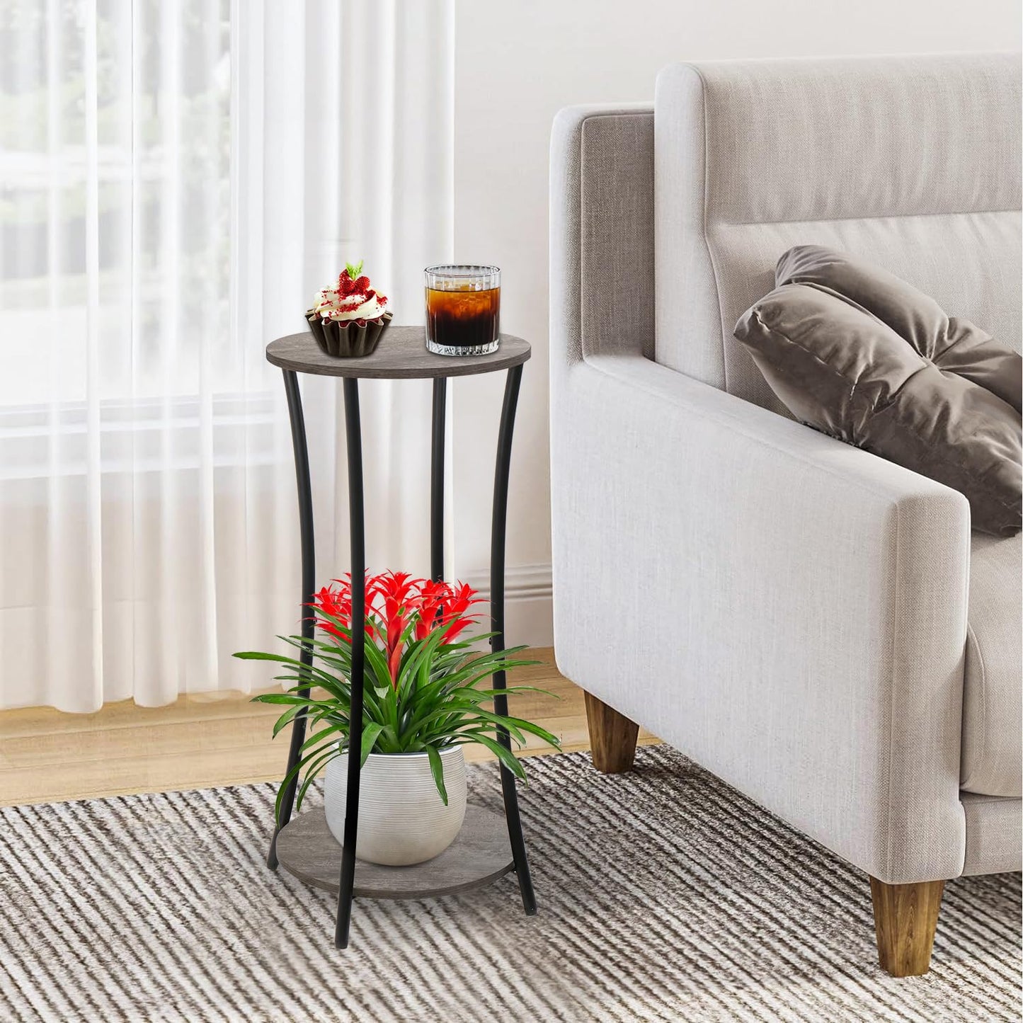 YINMIT Plant Stand Indoor,2 Tier Round Potted Holder Rack,Flower Pot Stand Shelf,Round Supports Rack,Corner Plant Shelf for Balcony Garden Patio Living Room,Grey