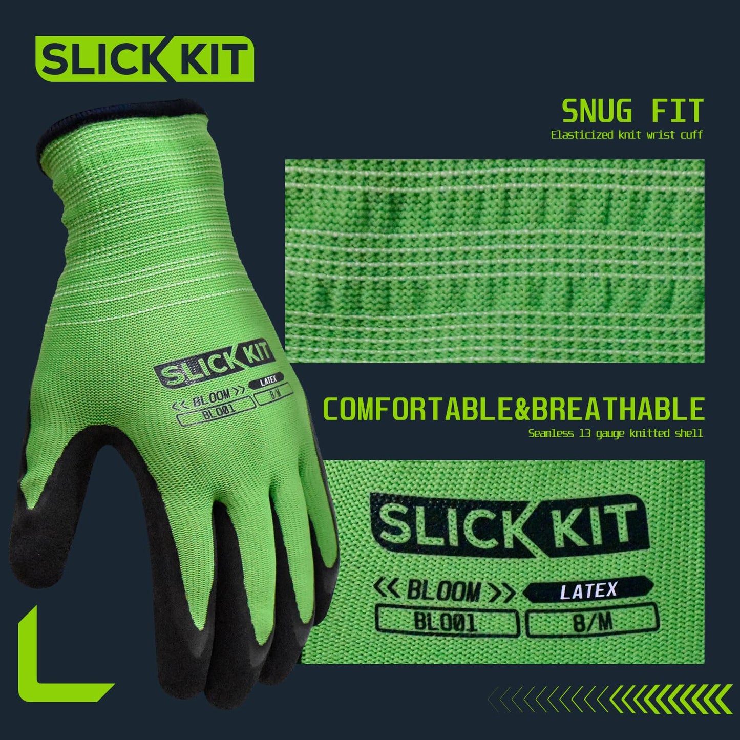 SLICK KIT 6 Pairs Gardening Gloves for Women & Men, Water & Soil Resistant Natural Rubber Grip, Breathable Liner – Green Garden Gloves for Yard Work, White for DIY Household, Medium