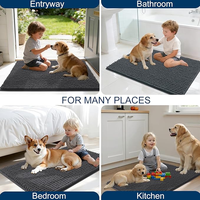OLANLY Dog Door Mat for Muddy Paws 24x16, Ultra Absorbent Chenille Mud Doormat, Non-Slip Washable and Dirt Trapping Doormat for Indoor Entryway, Quick-Dry Indoor Pet Bed Mats for Dogs, Dark Grey