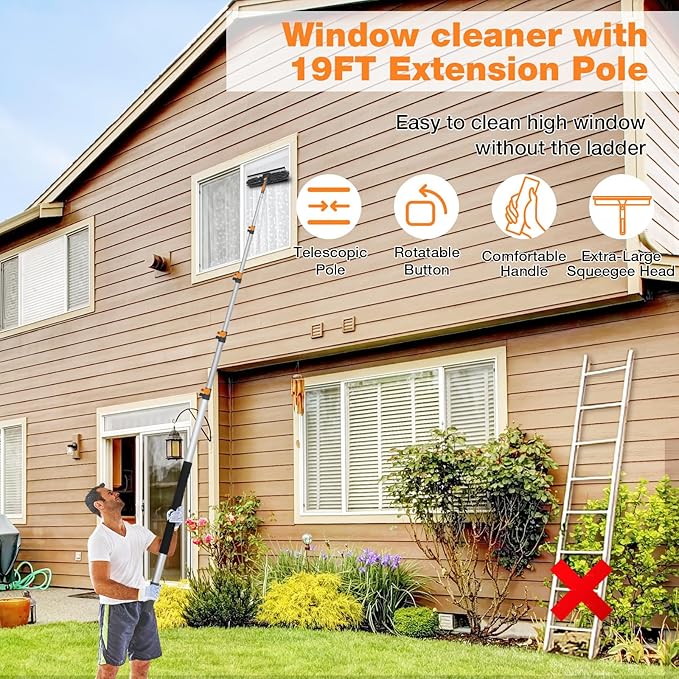 19Ft Window Squeegee with Extension Poles, 2-in-1 Window Cleaning Kit with Telescopic Pole, Extra-Large 14" Window Squeegee, Window Cleaner Tool with Adjustable Head, for High Window, Glass, RV
