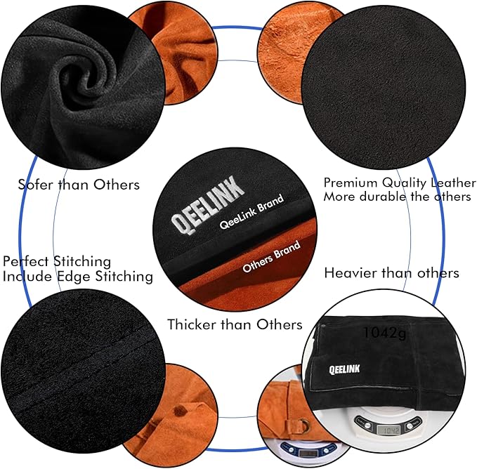 QeeLink Leather Welding Apron with 6 Pockets - Heat & Flame-Resistant Apron, 24'' X 42'', Adjustable M to XXXL (Black)