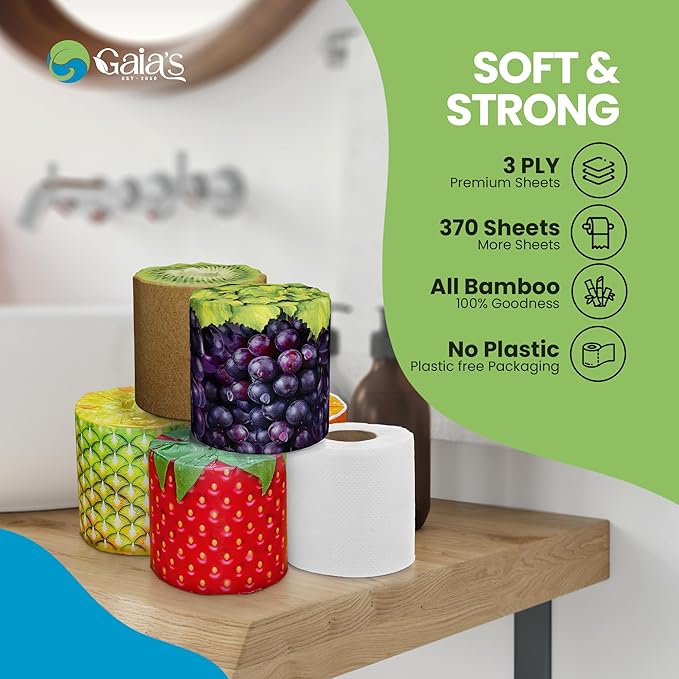 Gaias Premium and Soft Fruit TP Organic Bamboo Toilet Paper | 12 Mega Rolls, 3 Ply, 370 Sheets | FSC Certified, PFAS & BPA Free, Eco-Friendly, Sustainable Tissue - Plastic Free, Septic Safe, Vegan