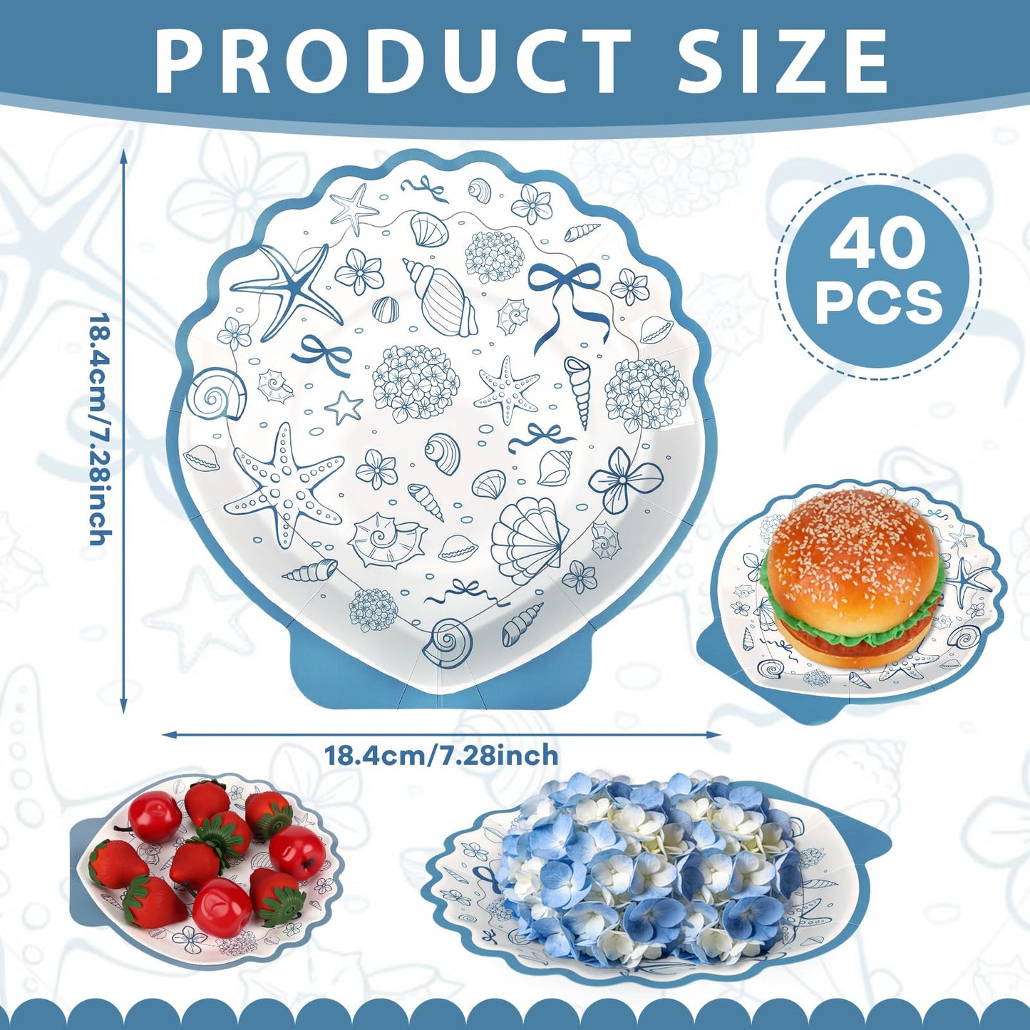 Acellegic 40pcs 7inch Seashell Paper Plate Ocean Seashell Beach Coastal Party Supplies Disposable Blue Bow Hydrangea Starfish Plate Seaside Favor for Summer Beach Wedding Bridal Shower Birthday Party