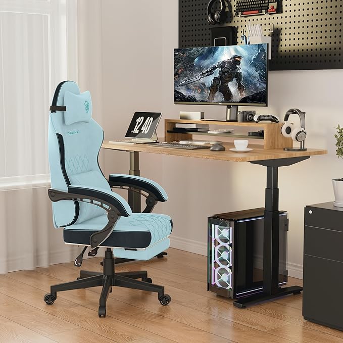 Dowinx Gaming Chair, Fabric Gaming Chairs for Adults with Pocket Spring Cushions and Lumbar Support, Ergonomic Massage Computer Chair with Footrest for Big and Tall, Aqua
