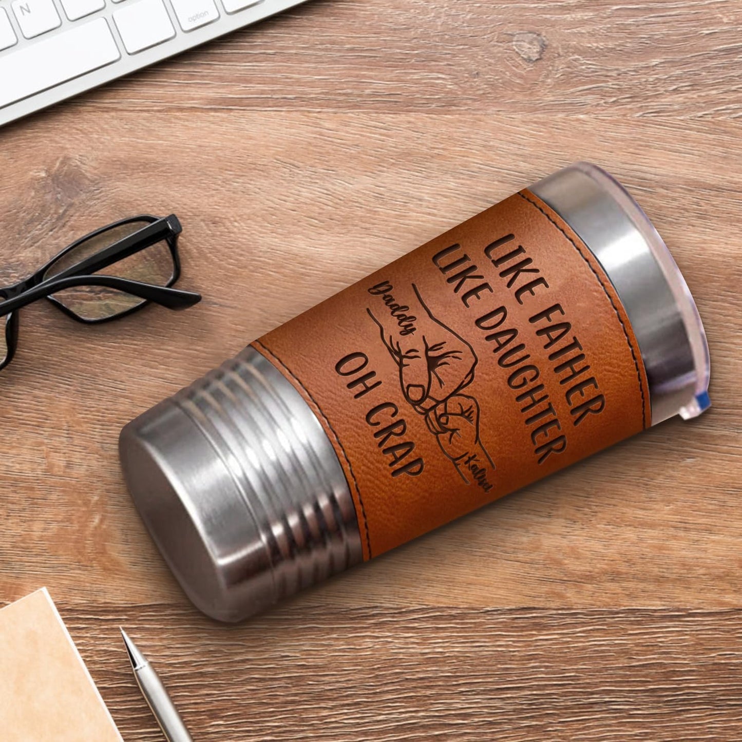 Like Father Like Daughter Tumbler, Personalized Engraved Fathers Day Dad Leather Tumbler 20oz, Custom Name Daddy and Daughter Tumblers Mug Gifts for Dad Birthday Fathers Day (style01)
