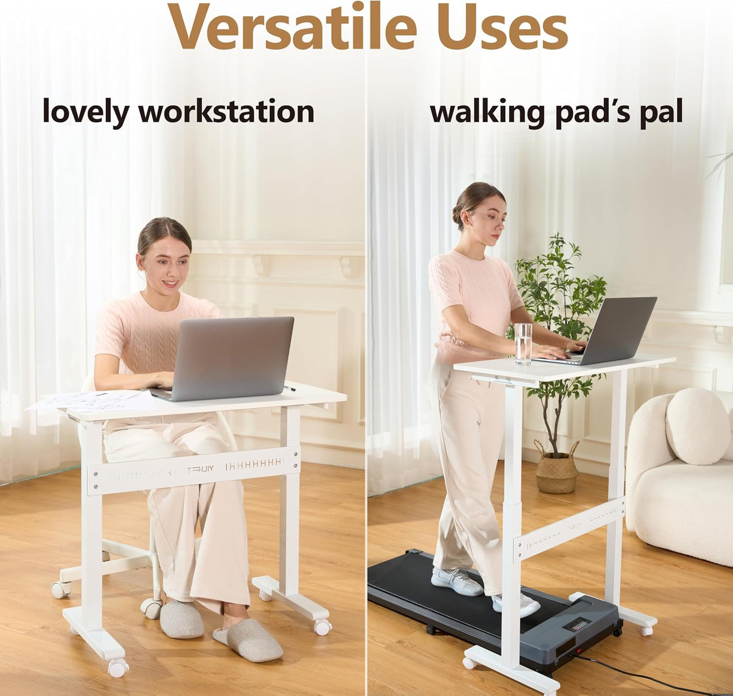 Non-Electric Auto-Lifting Standing Desk, No Knobs or Crank, Cordless, Rolling and Mobile, Great for Walking Pad, Adjustable Height 28.1'' to 43.3'', Desktop Size 31.5'' by 15.7'', Color White