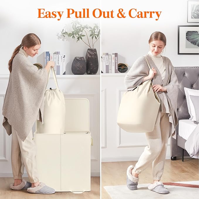 Lifewit Double Laundry Hamper with Lid and Removable Laundry Bags, Large Collapsible 2 Dividers Dirty Clothes Basket with Handles for Bedroom, Laundry Room, Closet, Bathroom, College, 136L Ivory White