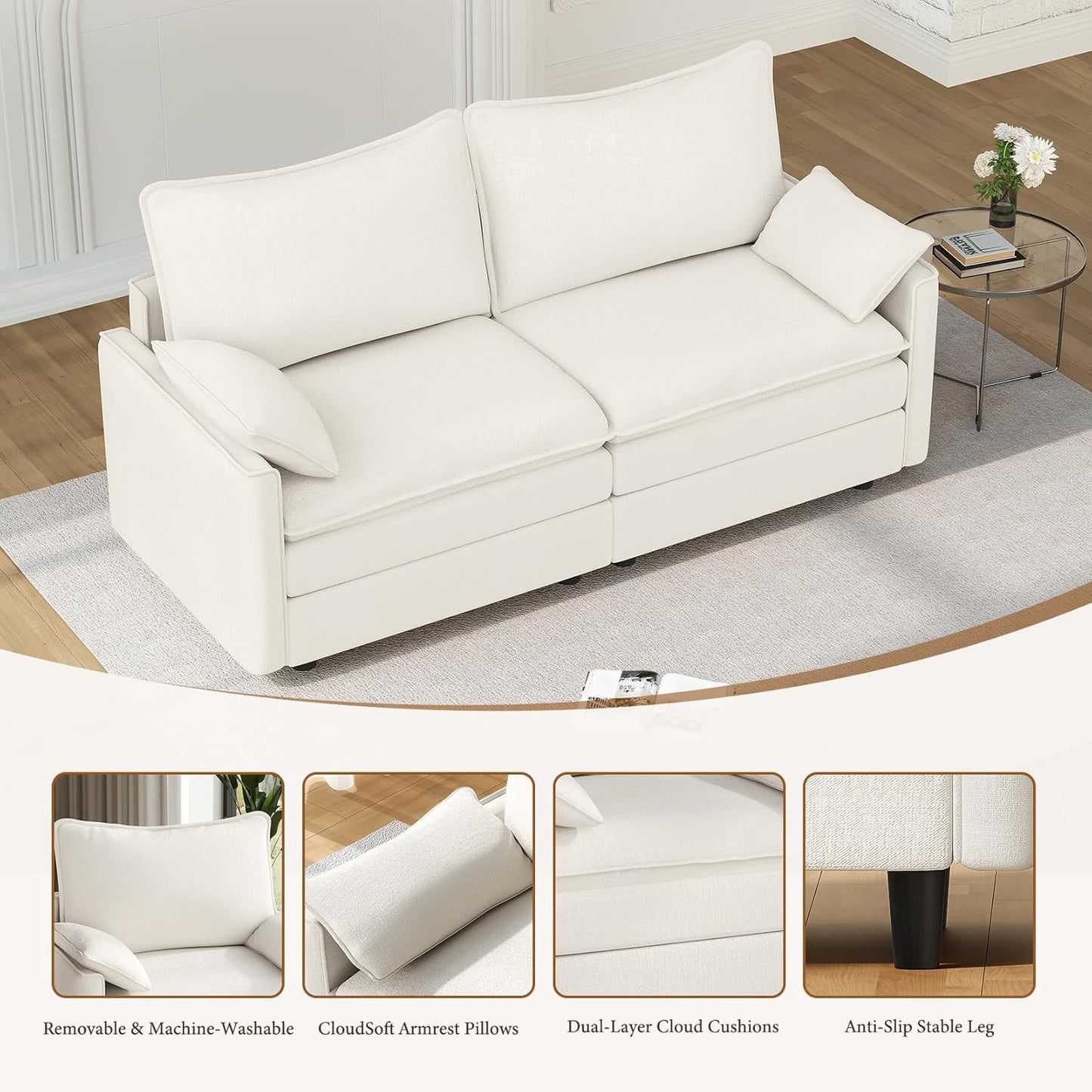 Vesgantti 74" Loveseat Sofa for Living Room, Comfy Cloud Couch Deep Seat Chenille Modern 2 Seater Small Sofa with Armrest Pillow, Easy Assembly for Small Spaces, Snow White