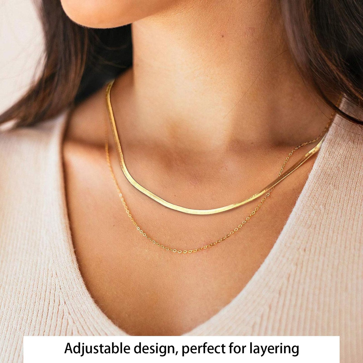 MAIKERDER Herringbone Necklace for Women, 18K Gold Plated Dainty Snake Chain Necklaces Minimalist Simple Flat Gold Necklaces Trendy Non Tarnish 18 Inches