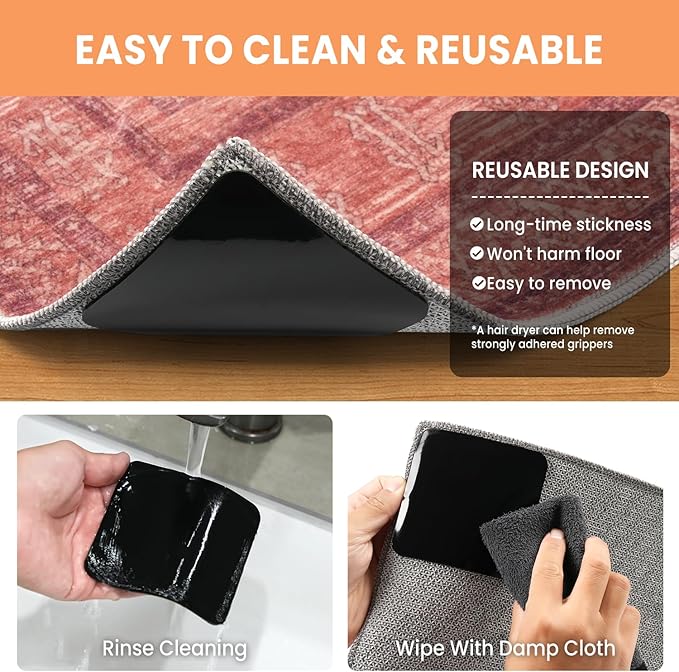 BAGAIL Rug Grippers 12 Pcs, Non-Slip Rug Corner Grips for Hardwood Floors & Tile, 4x4in Reusable Double-Sided Adhesive Carpet Tape to Prevent Sliding & Tripping Hazards for Pets, Kids, Family