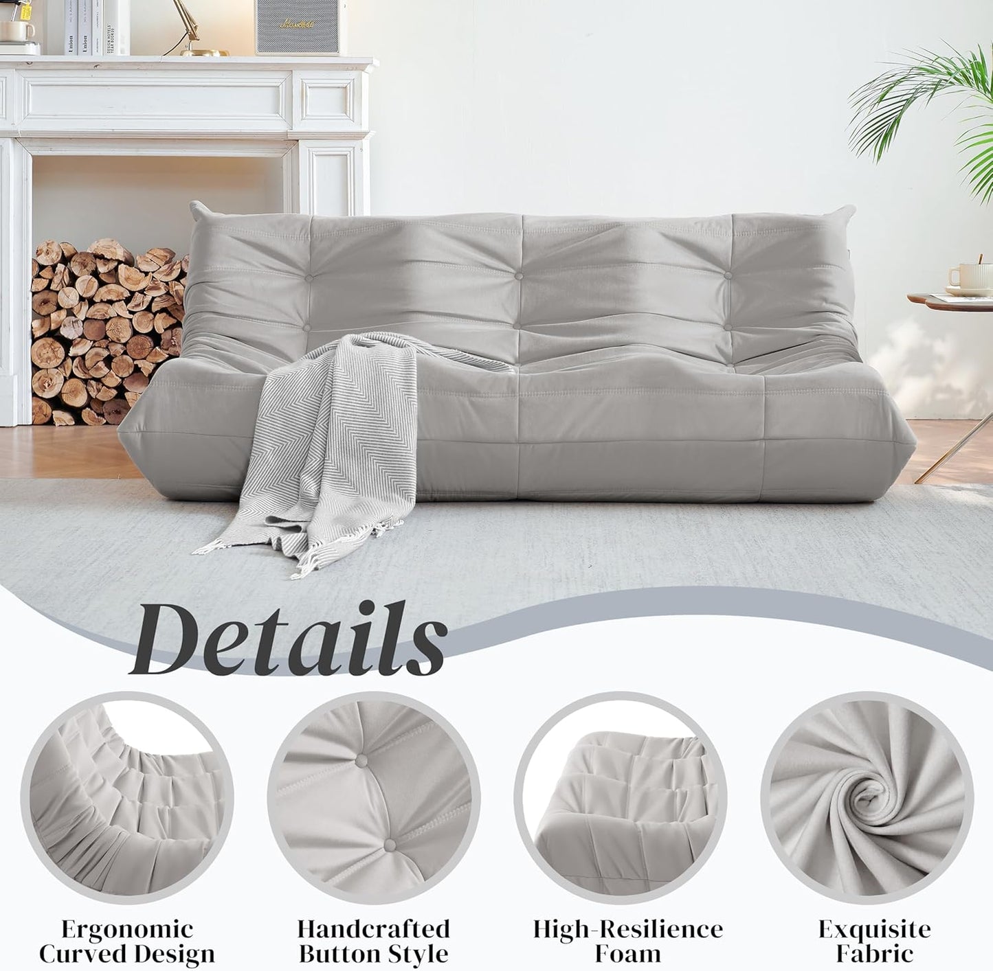 Bean Bag Chair, Large Fireside Chair Bean Bag Sofa for Adults, 3 Seater Bean Bag Chairs for Teens with High-Resilience Foam, Memory Foam Bean Bag for Living Room, Bedroom, Office (Suede, Light Gray)