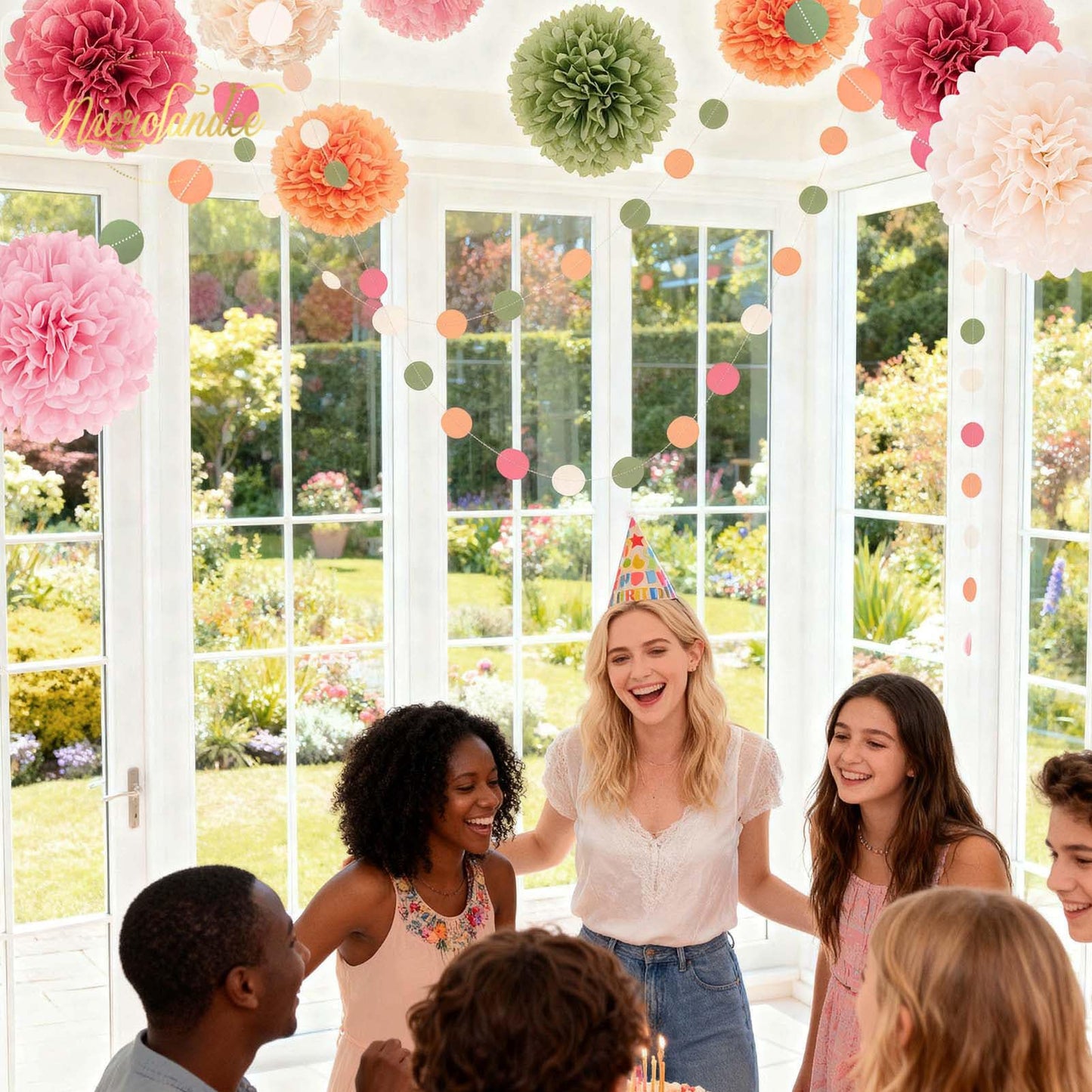 NICROLANDEE Wedding Party Decorations - 15Pcs Pink, Sage Green, Ivory Tissue Paper Pom Pom for Birthday Pastel Decorations, Engagement Baby/Bridal Shower Anniversary Valentine Dot Paper Backdrop Decor