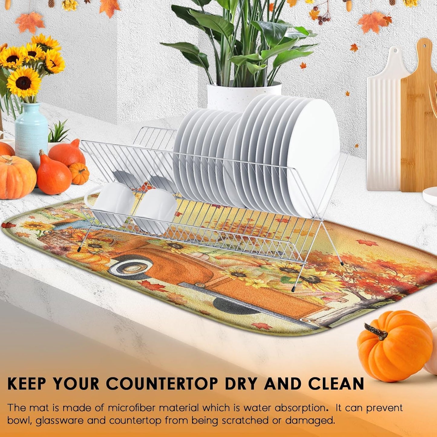 Sanwarm Absorbent Dish Drying Mat, Fall Truck Pumpkin Microfiber Pad for Kitchen Counter, Tree Leaf for Coffee Bar Decor, Heat Resistant and Reversible, 16" x 18"